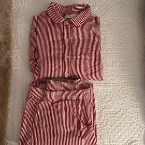 Women’s LAKE pajamas set long sleeve red white stripe poplin size small